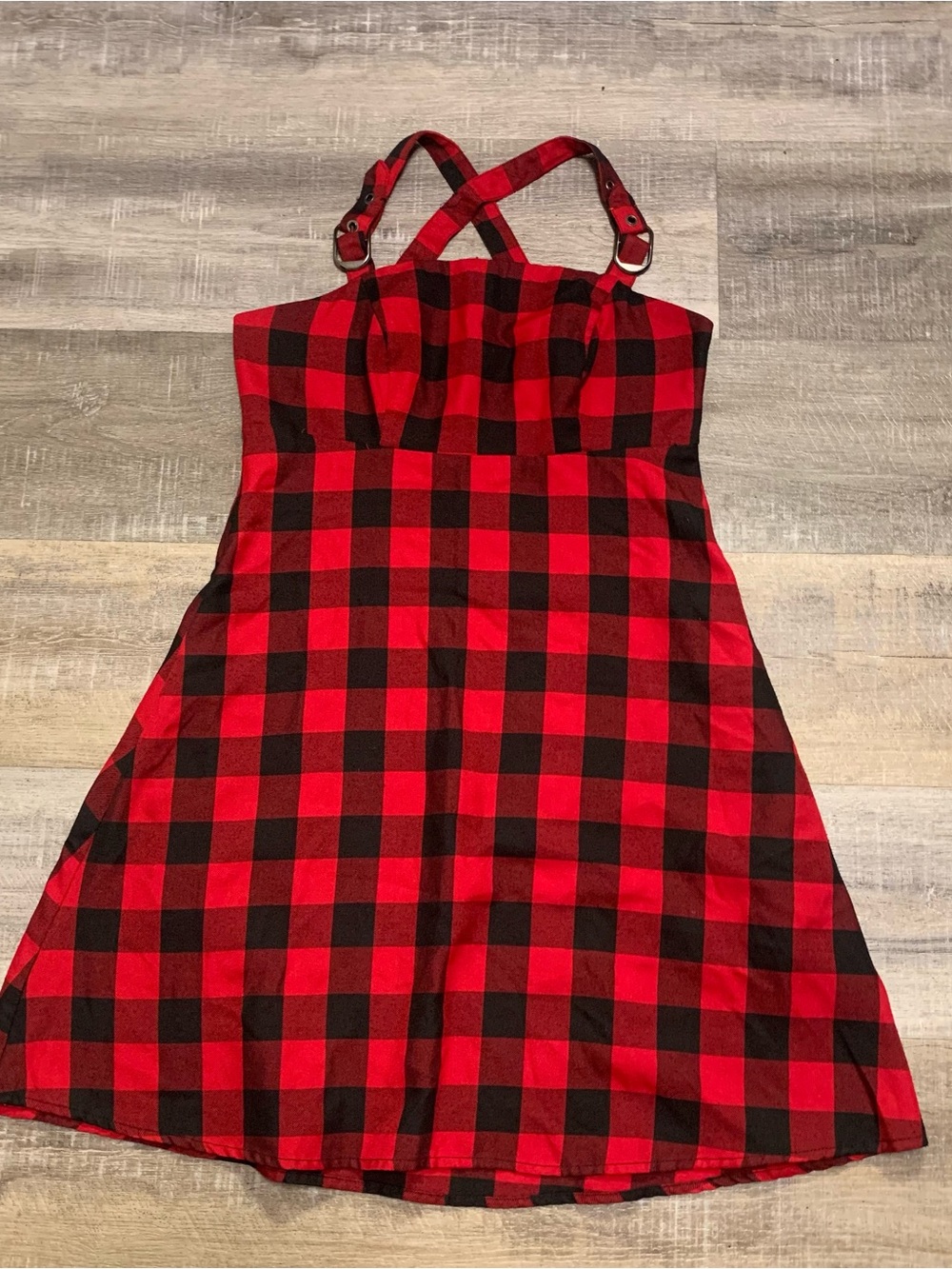 Hot Topic Red & Black Buffalo Plaid Buckle Strap Mini Skater Dress Goth Punk S